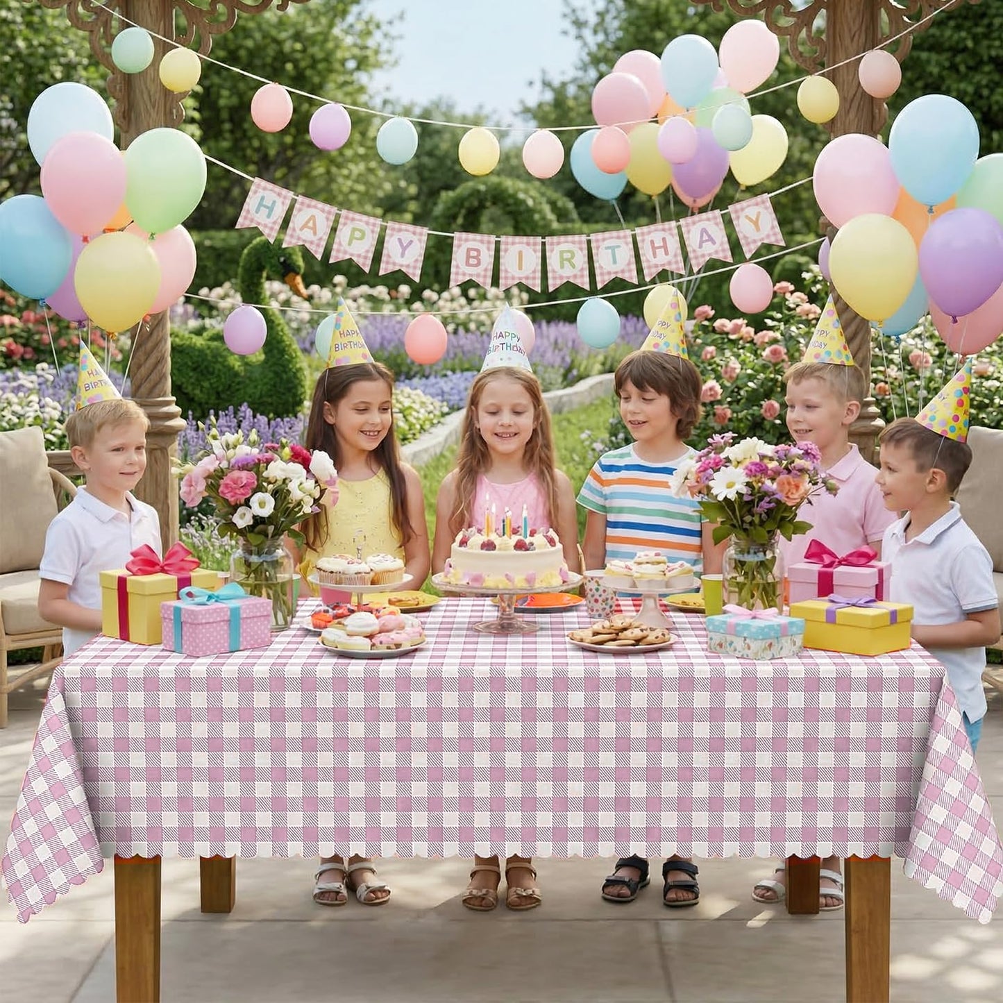 Ohkishly 2 Pack Pink Gingham Tablecloths, Pink and White Checkered Tablecloths Disposable Plastic Pink Plaid Table Cover for Easter Mother's Day Wedding Birthday Anniversay Baby Bridal Shower
