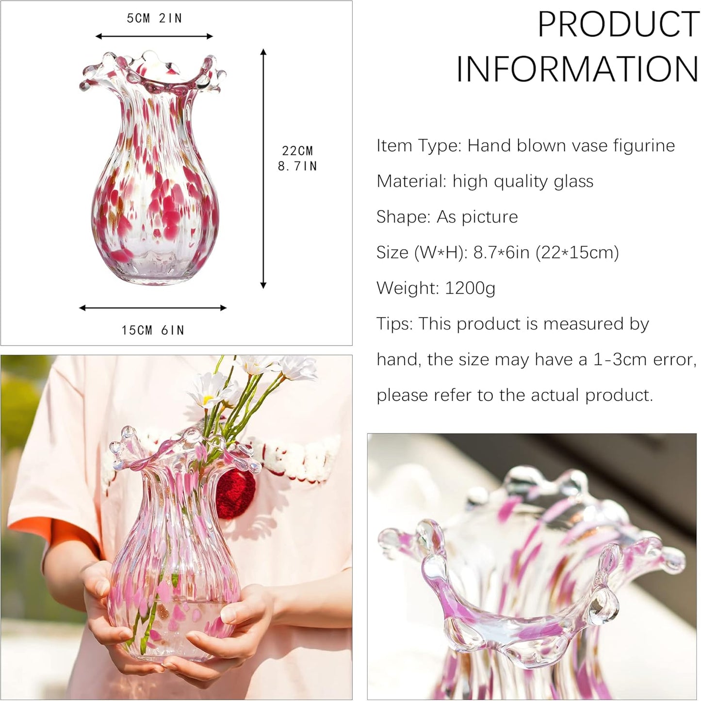 QFkris Handblown Glass Vase - Modern Pink Petal Design | 8.5 Inch Tall Home Decor Centerpiece