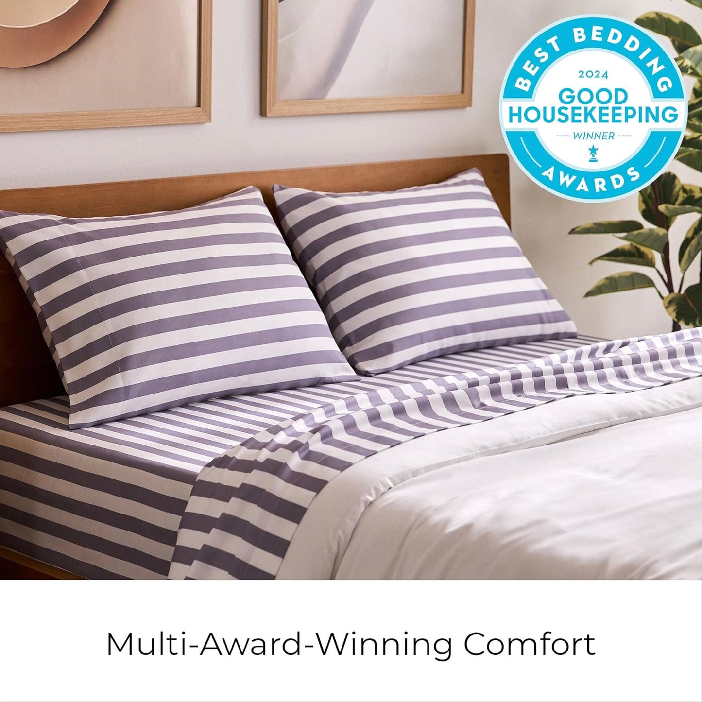 Mellanni California King Sheets Set - 4 PC Hotel Luxury Bedding | Soft, Cooling, Wrinkle-Resistant (Oxford Stripe Hazy Lilac)