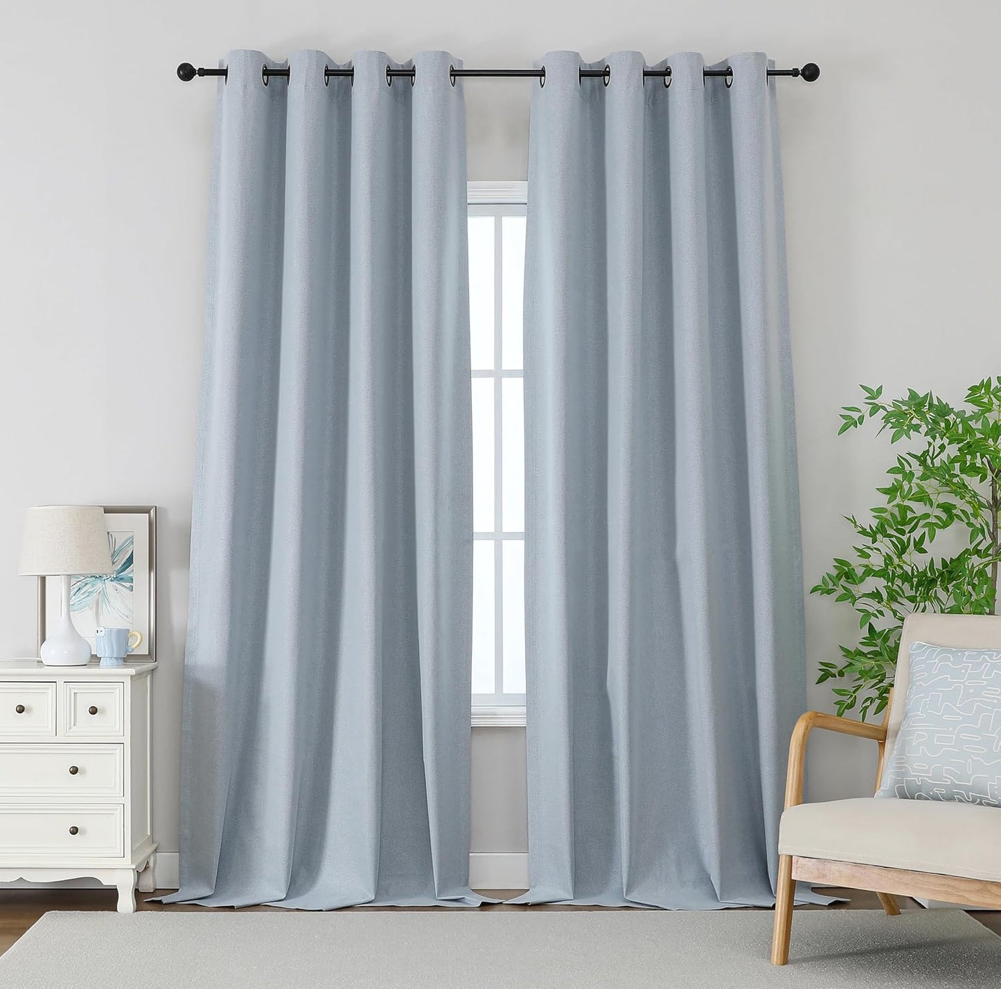 THOOO 100% Blackout Curtains - Natural Linen Textured, Thermal Insulated, 95 Inches Long | Light Blue, 2 Panels