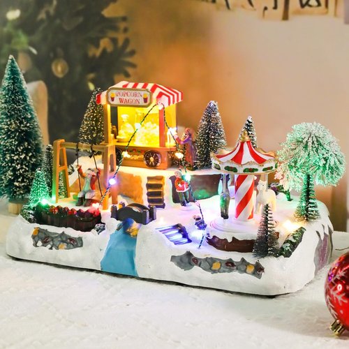 Afirst Christmas Village Houses - Lighted Collectible Figurines with Rotating Carousel & Musical Display | Indoor Decoration