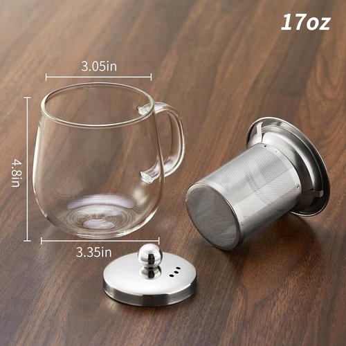 DOPUDO Glass Tea Cup with Infuser and Lid, 17.6oz/520ml Large Borosilicate Glass Teacup with Stailess Steel Filter, Clear Mug for Loose Leaf Blooming Tea, Dishwasher Safe - Tea Maker Gift.