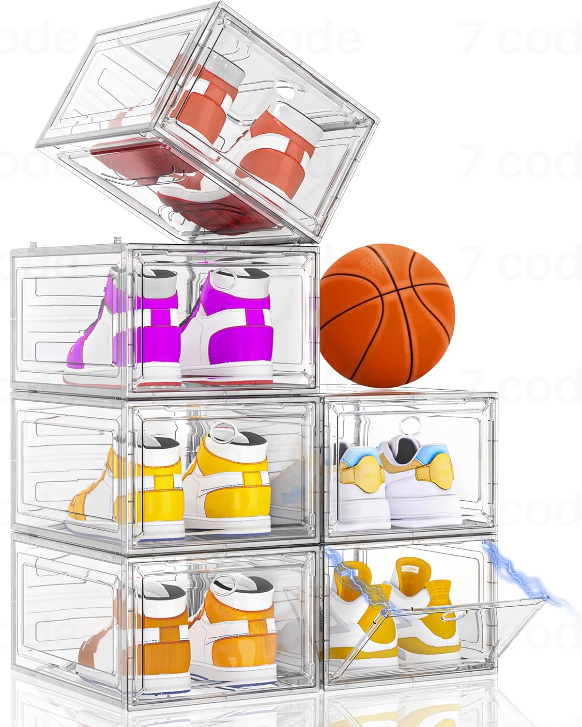 Skiennix Clear Shoe Storage Organizer - Sturdy Stackable Boxes with Magnetic Door | 6-Pack White