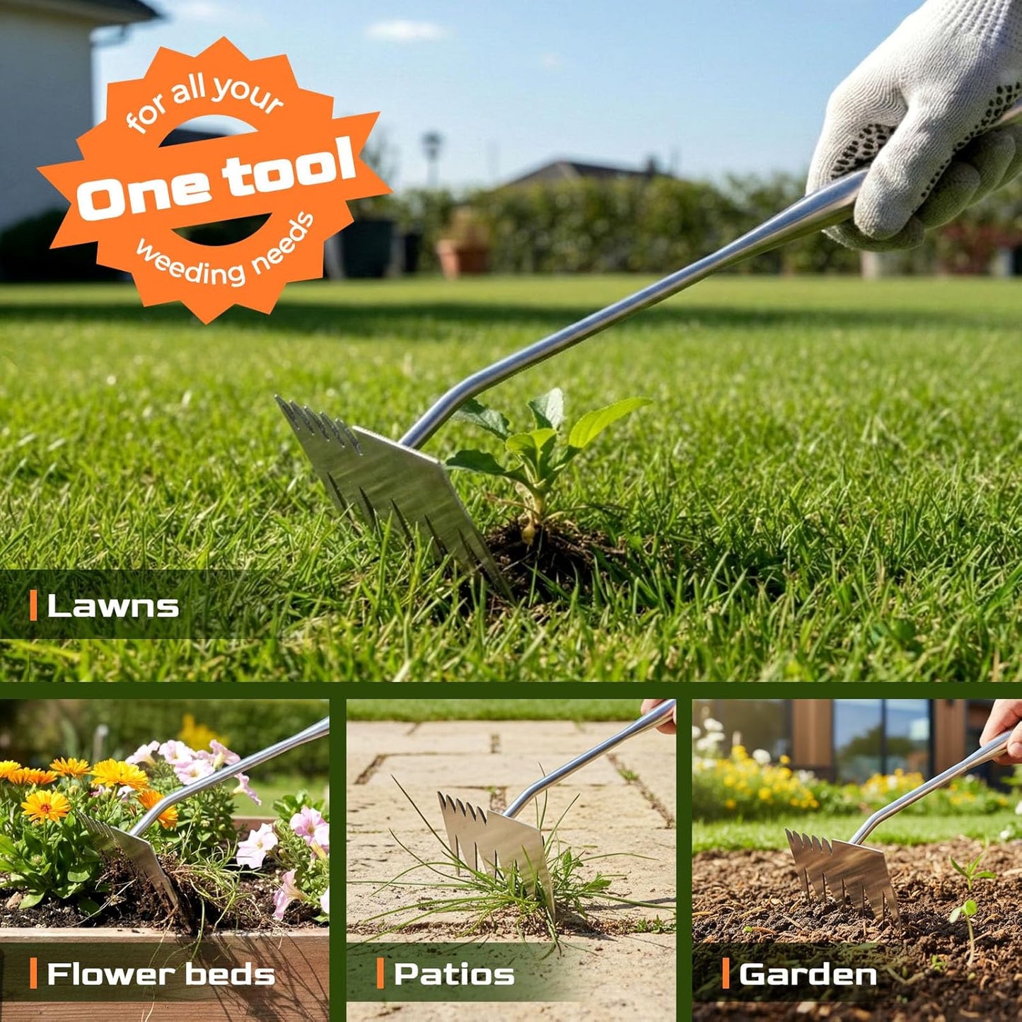 LOOHOI Stainless Steel Weed Puller Tool - 4-Tooth Manual Weeder for Efficient Garden Weeding & Planting