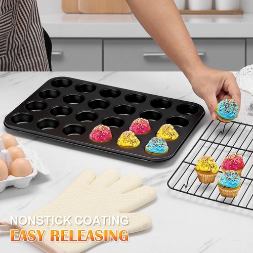 E-far Mini Muffin Pan - 24-Cup Nonstick Carbon Steel Cupcake Tin for Perfect Mini Muffins & Cupcakes, Warp-Free Bakeware for Even Baking & Easy Release, Oven Safe
