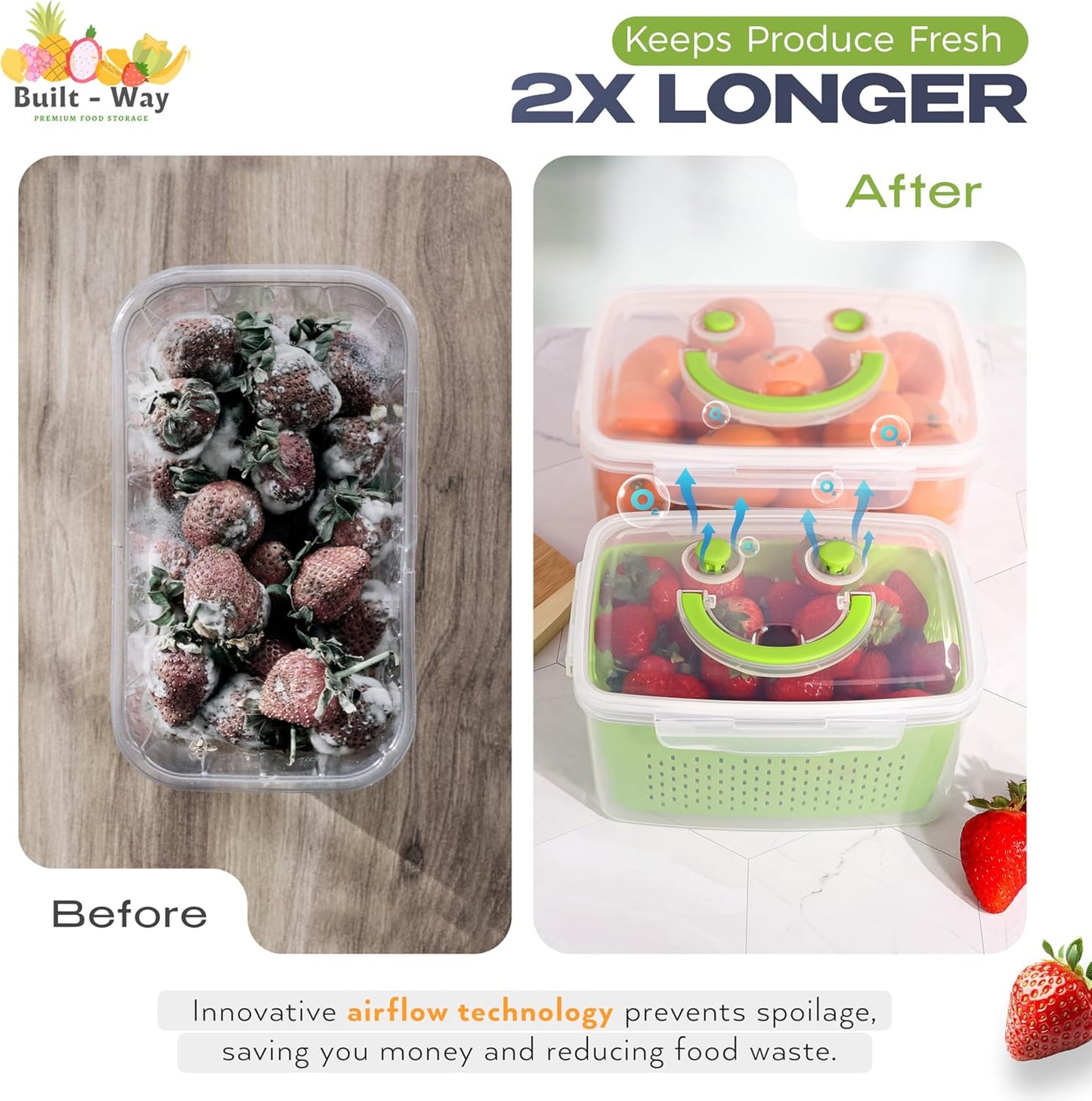 Skiennix Fruit Storage Containers - Airtight Set of 4 for Fresh Produce & Snacks - Space-Saving Green Design