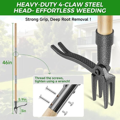 Garden Weasel Weed Puller Tool - Heavy Duty 4-Claw Root Removal with Long Handle | Effortless Weeding