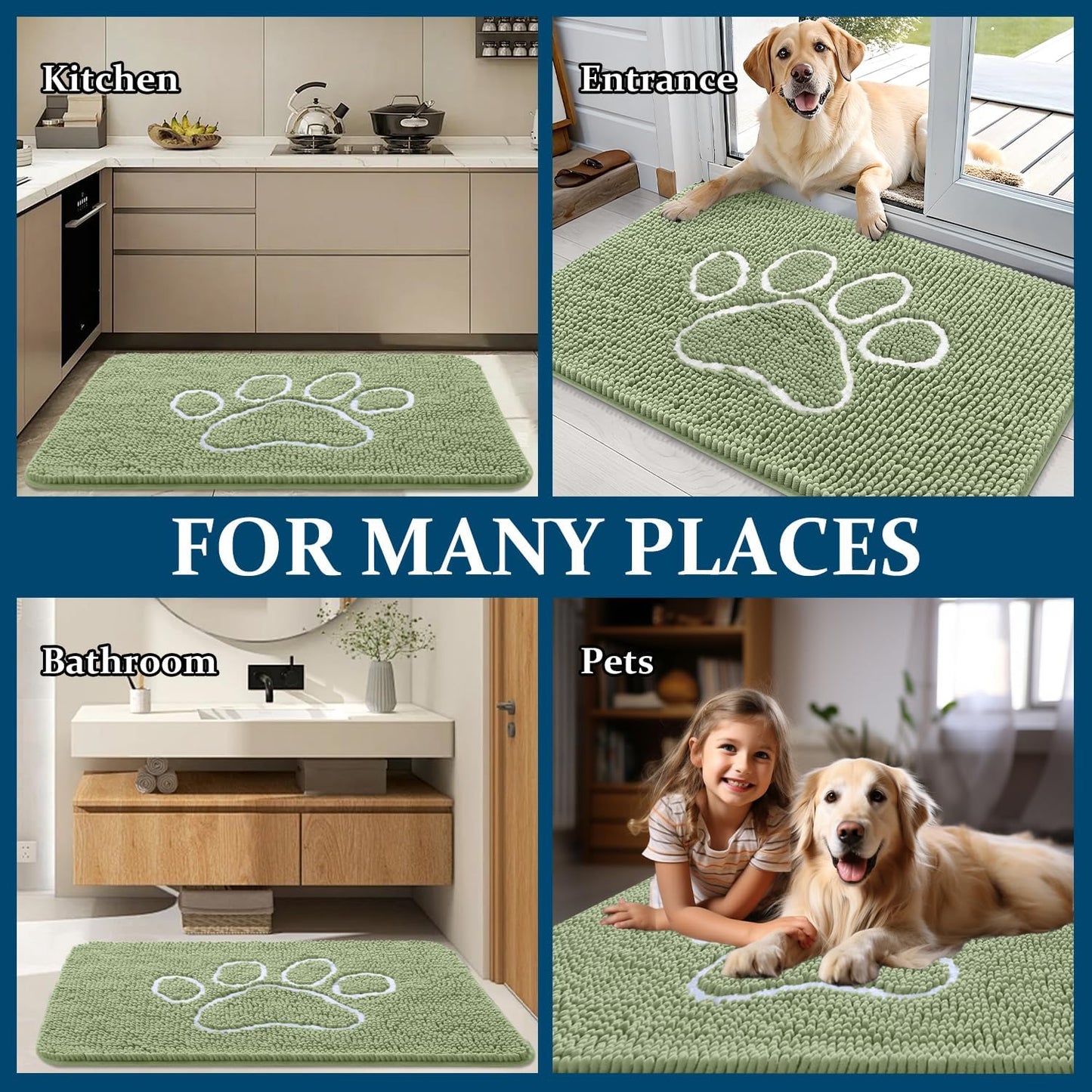 OLANLY Dog Door Mat - Absorbent Muddy Paws Doormat | Non-Slip Chenille, Quick Dry, 40x32, Sage Green
