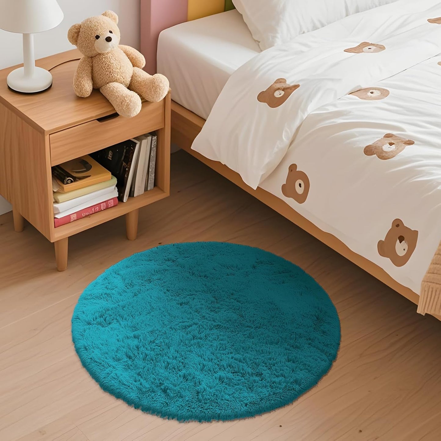 OLANLY Teal Round Area Rug - Soft, Fluffy, Machine Washable 2 ft Circle Carpet for Bedroom & Living Room