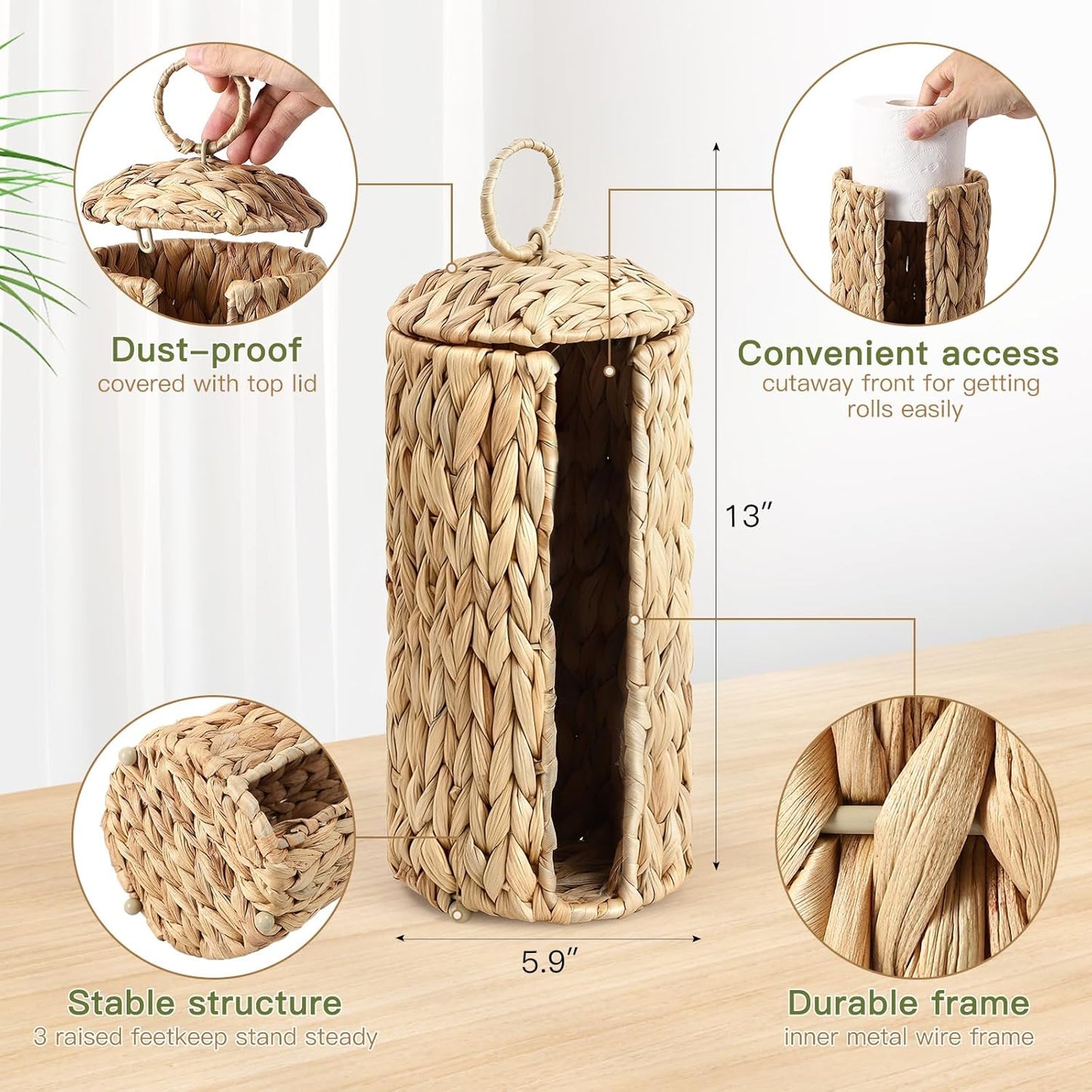 Wicker Waste Basket - Handwoven Water Hyacinth Trash Can with Lid | 2.5 Gal Rustic Decor for Home