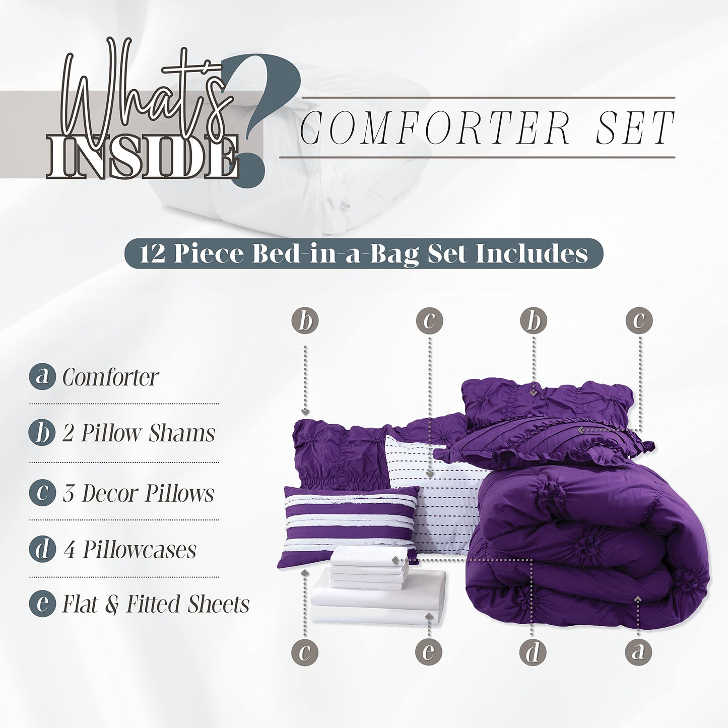 Elegant Comfort Amy 12-Piece Oversized Comforter, Bed-in-a-Bag Including 6-Piece Sheet Set Featuring Smart Pockets and Matching Decorative Pillows, Amy 12PC Oversized Comforter, Cali King, Purple