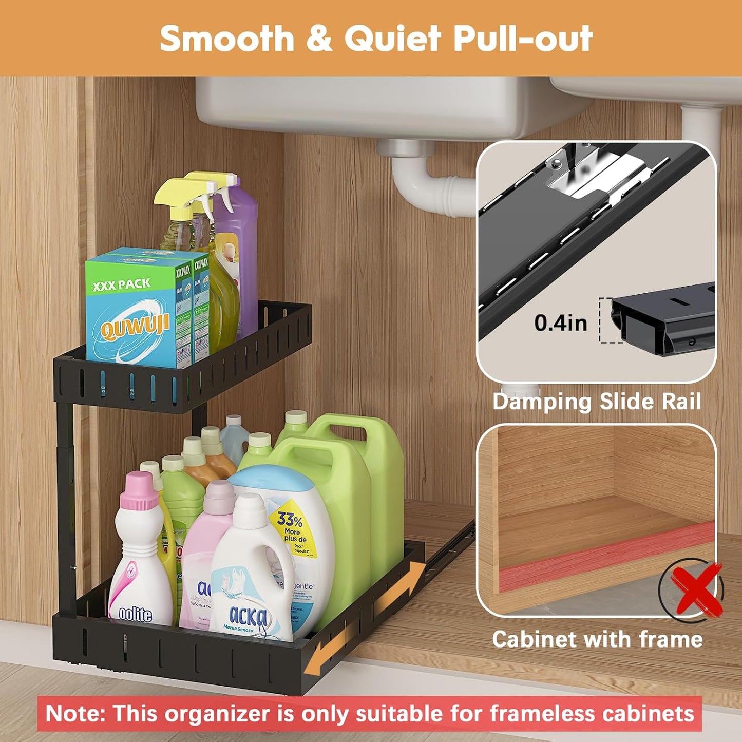 REALINN Under Sink Organizer - Adjustable 2-Tier Pull-Out Storage for Kitchen & Bathroom - Black, 2 Pack