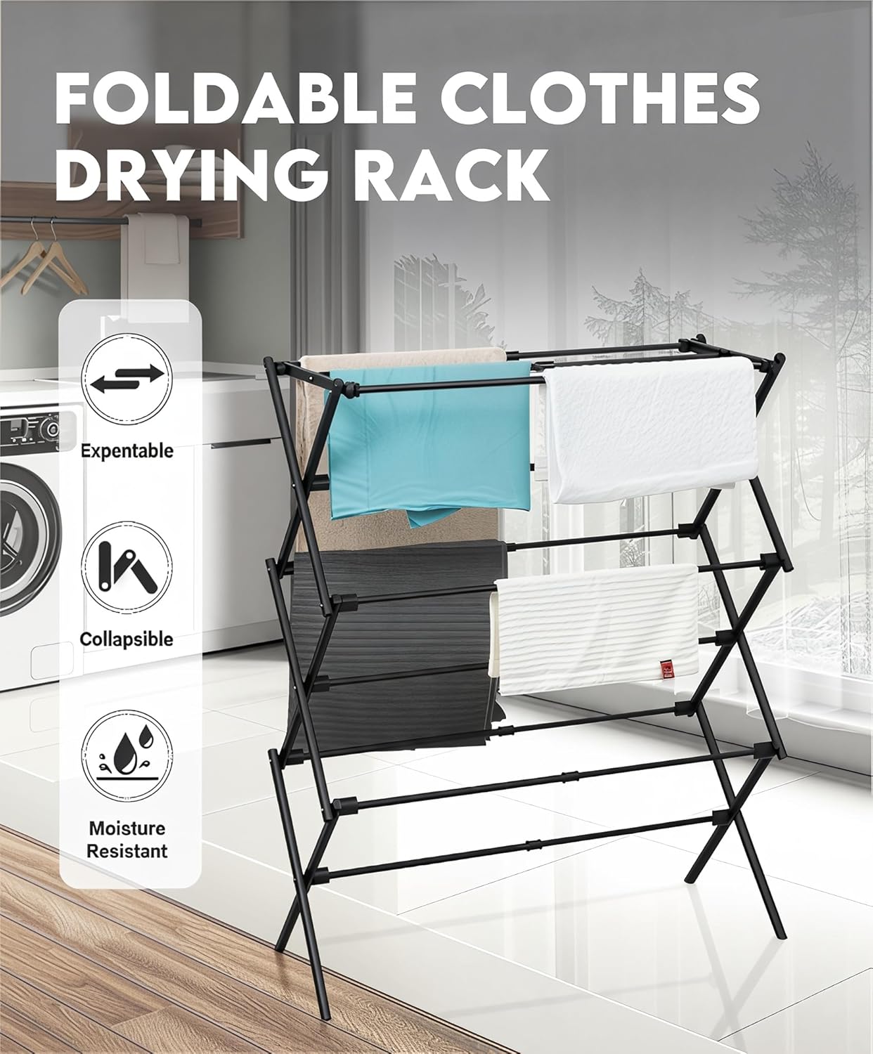 Regine Folding Clothes Drying Rack - 3-Tier Collapsible Laundry Dryer for Indoor & Outdoor Use | Black