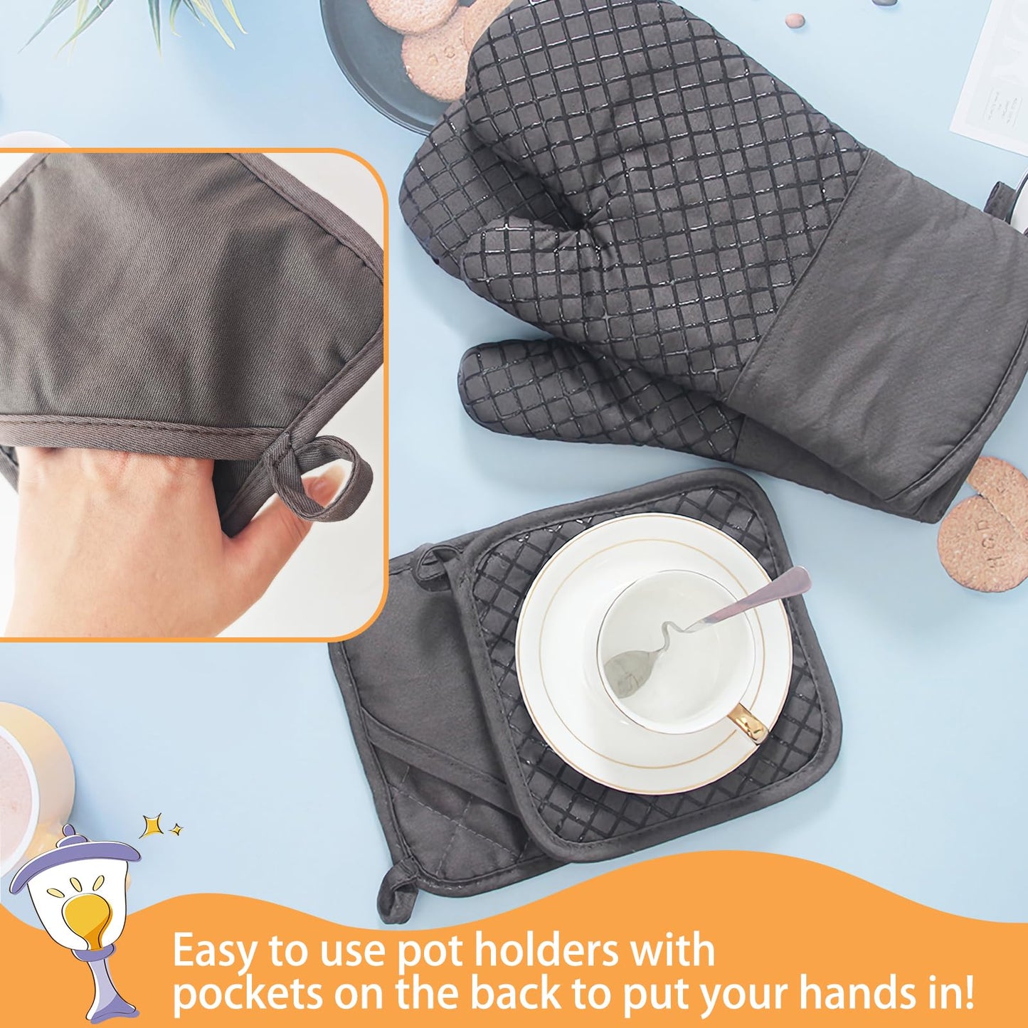 4 Pcs Oven Mitts and Pot Holders,High Heat 500°F Resistant Glove Potholder with Thick Cotton,Silicone Non-Slip Surface Long Kitchen Oven Glove for Cooking Baking Grilling(Grey)