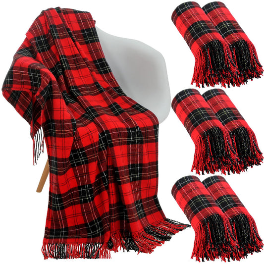 Peryiter 6 Pcs Christmas Red Plaid Throw Blanket Bulk with Tassel 50 x 67 Soft Warm Tartan Chenille Throw Fringe Blankets for Bed Couch Sofa Home Office Xmas Decor Gifts Travel Camping for All Season