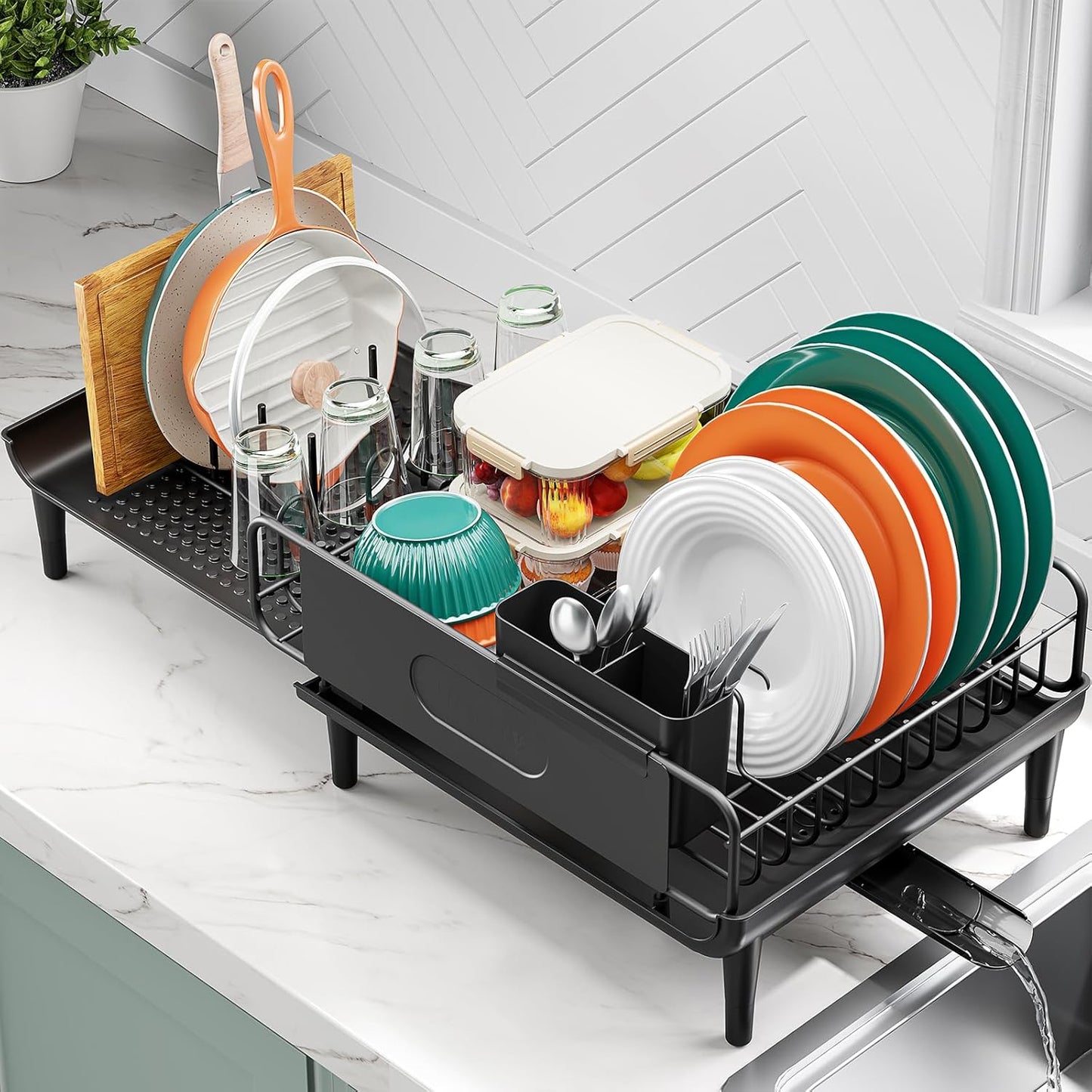 Skiennix Large Extendable Dish Drying Rack - 16.93" to 26.57" Expandable Design with Multifunctional Drainboard