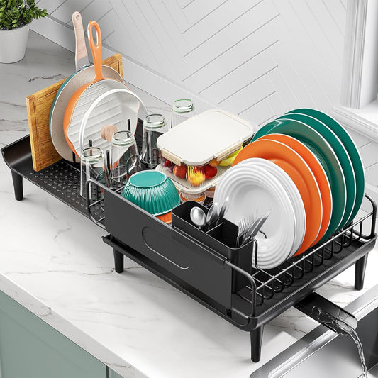 Skiennix Large Extendable Dish Drying Rack - 16.93" to 26.57" Expandable Design with Multifunctional Drainboard