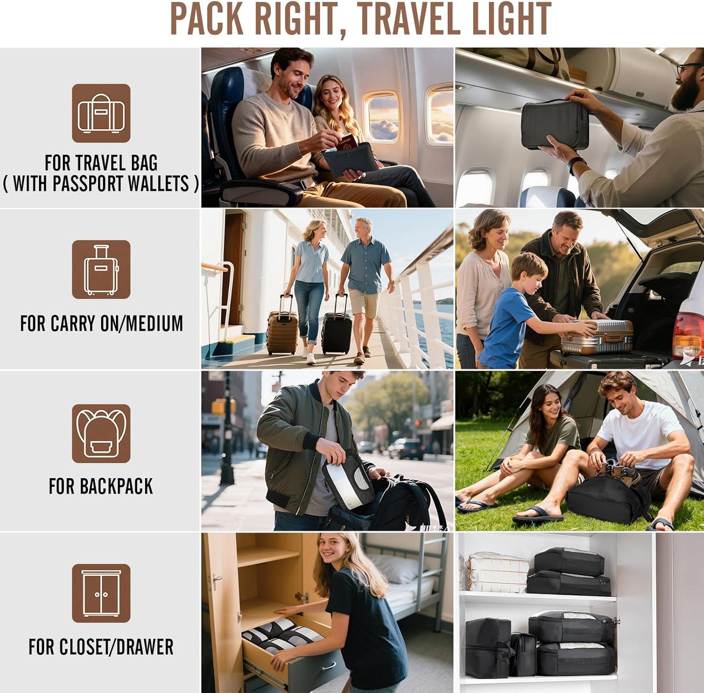 Veken Packing Cubes Set - Travel Organizer Bags with Laundry Bag & Passport Holder | 4 Sizes for Carry-On Luggage