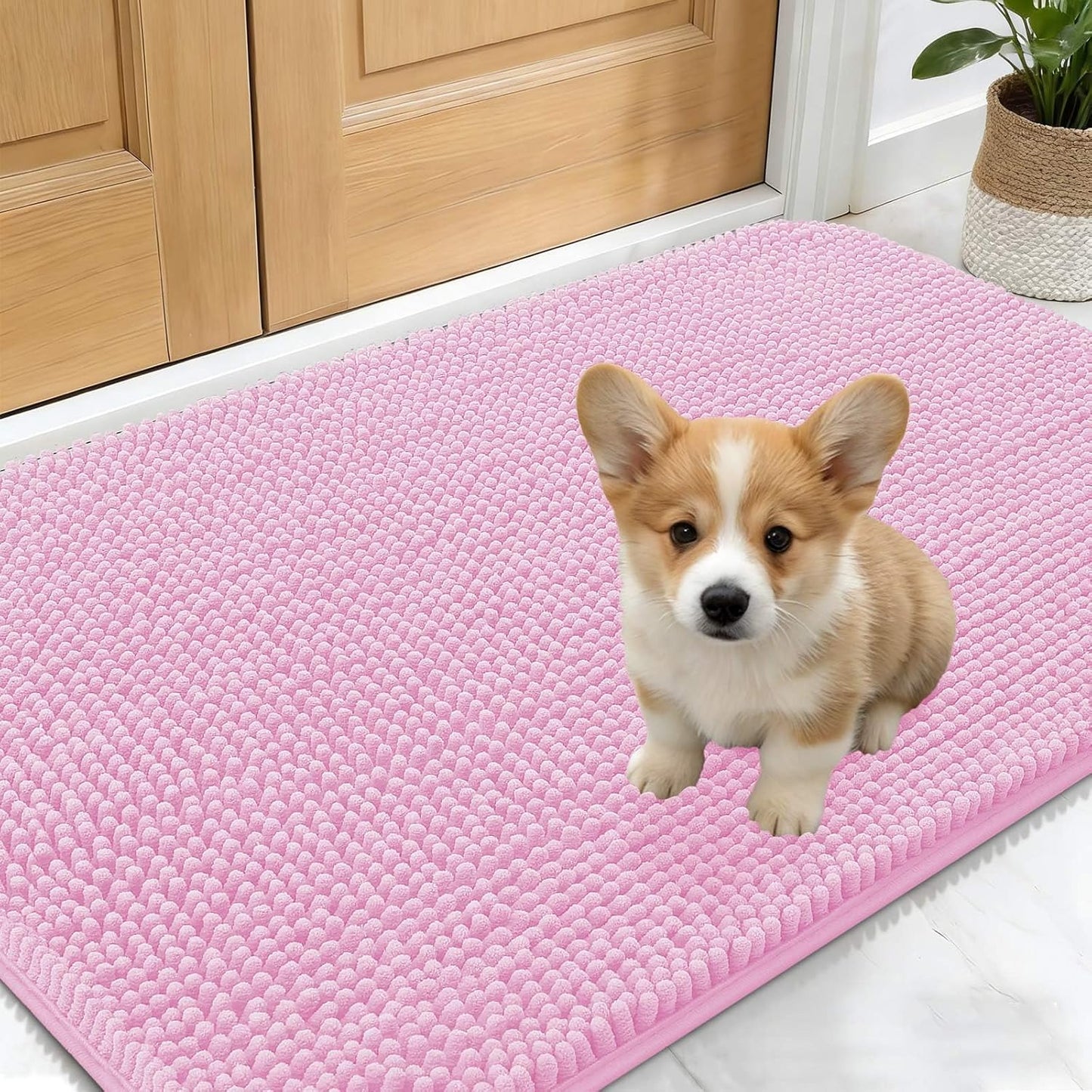 OLANLY Dog Door Mat - Absorbent Non-Slip Chenille Mat for Muddy Paws | 24x16 Inches, Quick Dry, Pink