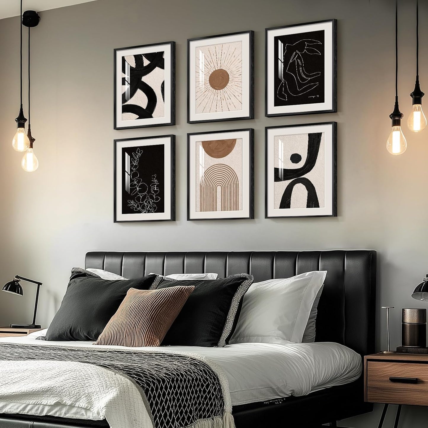 Skiennix Framed Boho Black and White Modern Abstract Wall Art - Set of 6 Geometric Prints 11x14 Inch