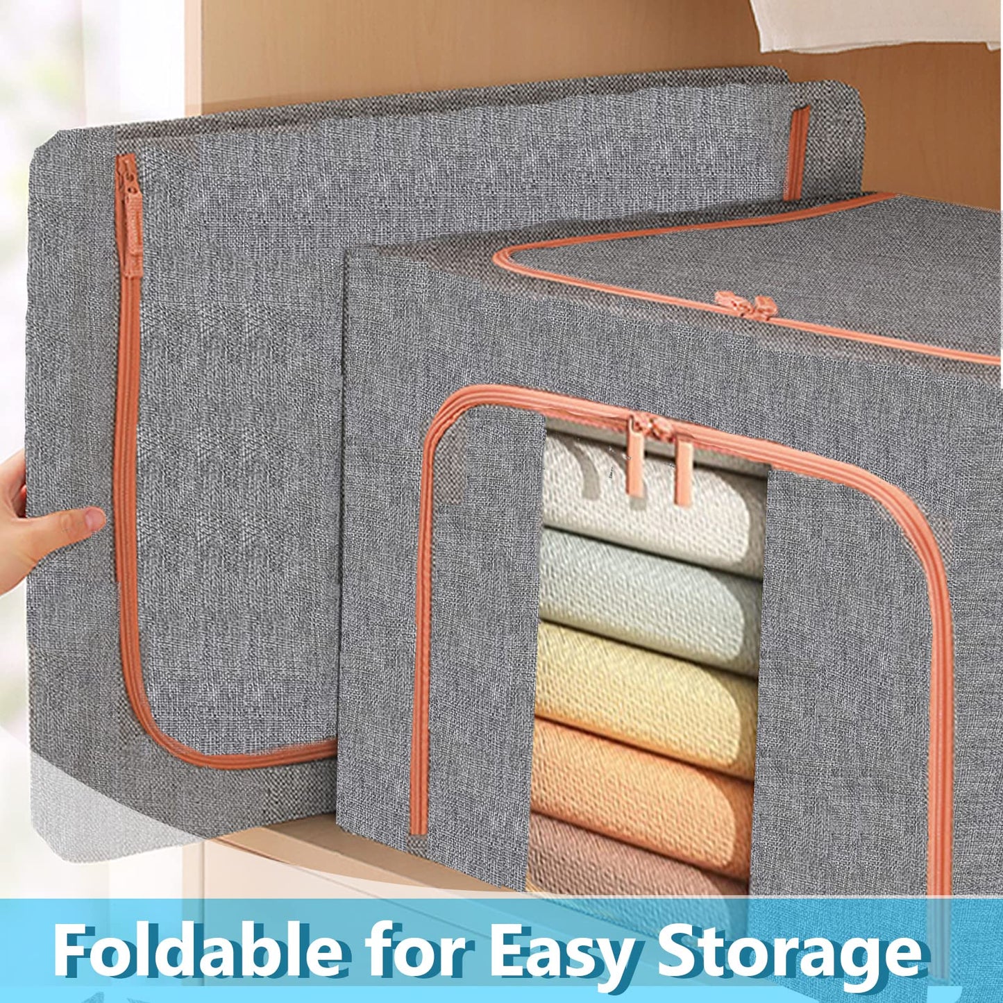 SWEERI Extra Large Clothes Storage Bins with Metal Frame, Foldable Organizer for Home Organization, 2-Way Zipper, Clear Window Storage Bags for Clothes, Bedding, Seasonal Storage, 100L x 3Pack