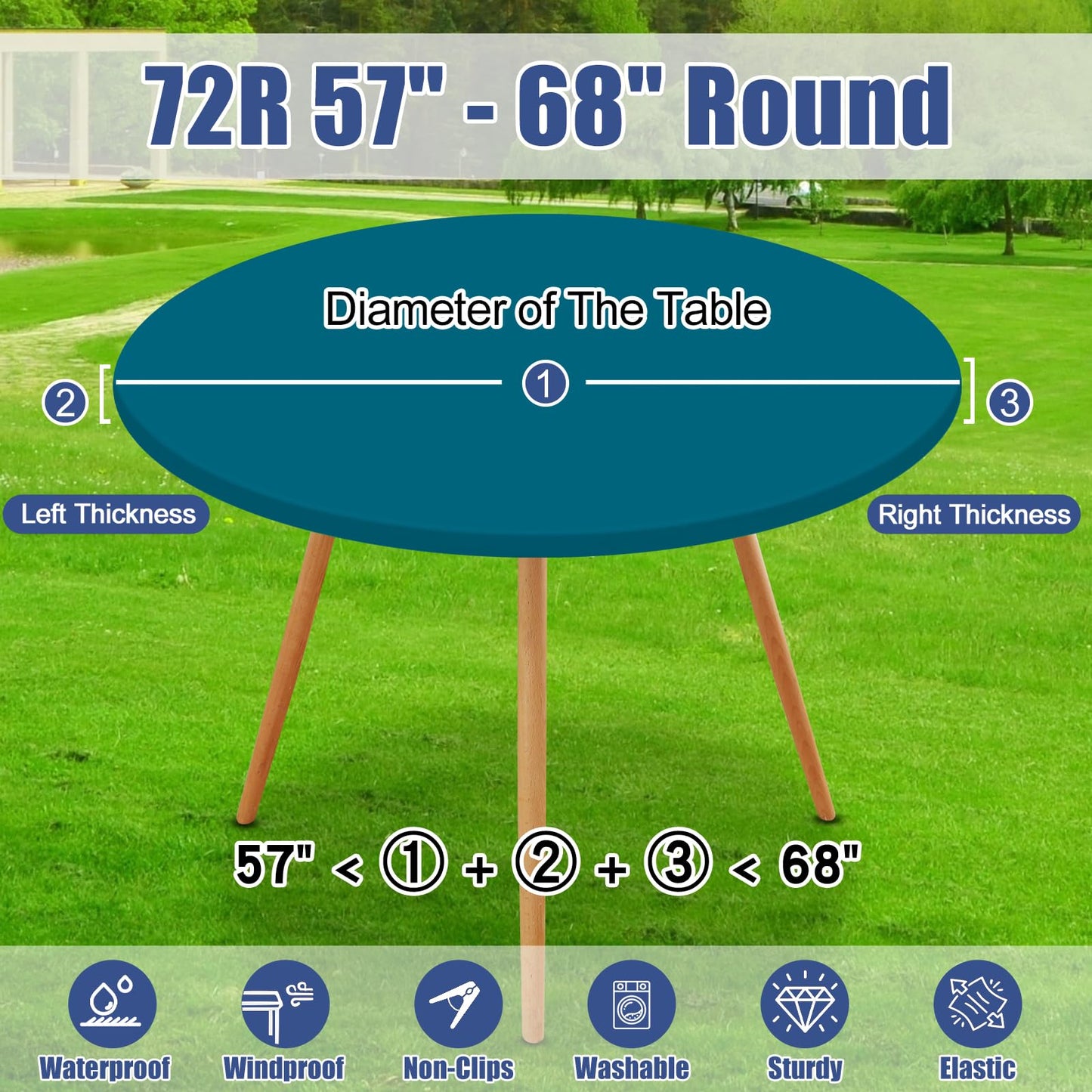 Moosfor Round Spandex Tablecloth, Elastic Fitted Waterproof Tablecloths for 57"-68" Tables, Stretch Washable Picnic Table Cover for Camping, Dining, Indoor and Outdoor,Peacock Blue