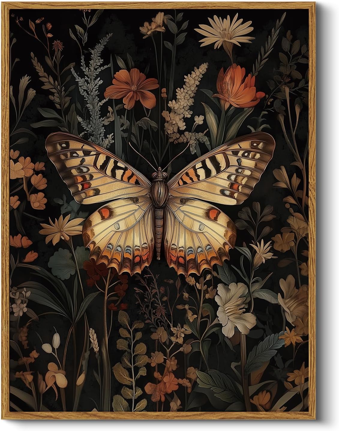 Vintage Nature Framed Botanical Print - Elegant Rustic Butterfly Floral Canvas Wall Art