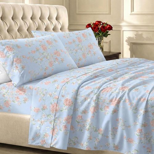 California Design Den Bed Sheets - Soft Cotton Cal King Set with 400 TC, Deep Pockets, Floral Blue/Pink