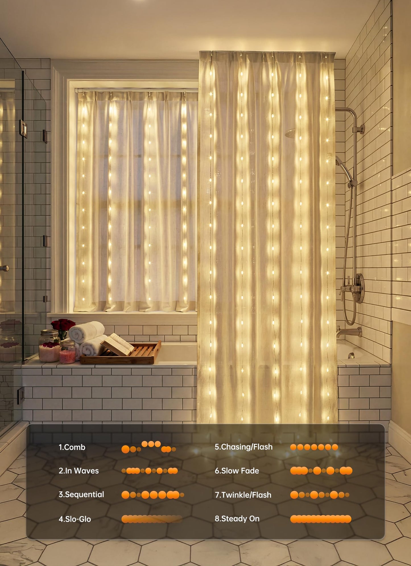 Brightown 180 LED Shower Curtain Lights, 70 Inch Warm White Fairy Lights Battery Operated String Lights, 8 Modes Waterproof Christmas Lights for Indoor Outdoor Decor(No Curtain)