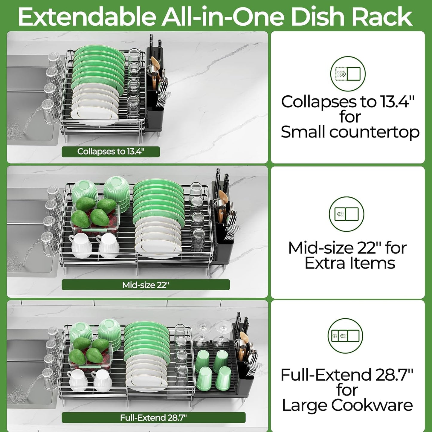 Skiennix Large Expandable Dish Drying Rack - Stainless Steel Anti-Rust Kitchen Drainer | 13.4"-28.7" L x 11.8" W