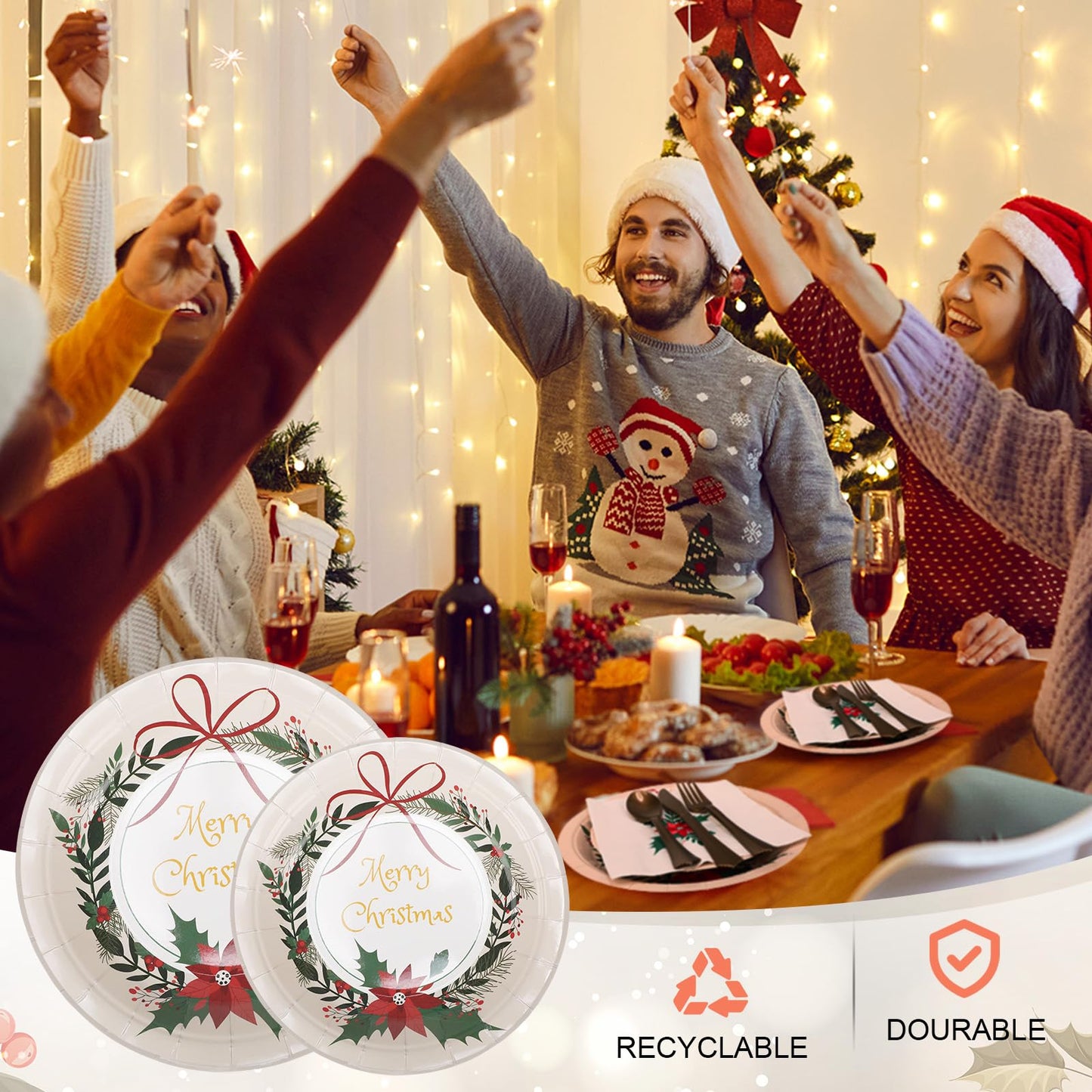 Sliner 350 Pcs Christmas Party Supplies Disposable Christmas Tableware Set 100 Paper Plate 50 Cup Napkin Knives Fork Spoon Xmas Holiday Party Dinnerware Table Decoration Classic Xmas Tableware