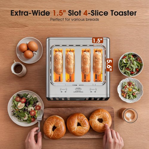 4 Slice Toaster - Dual Digital Touchscreen with Independent Control | 1800W Stainless Steel, Timer & 6 Toast Settings