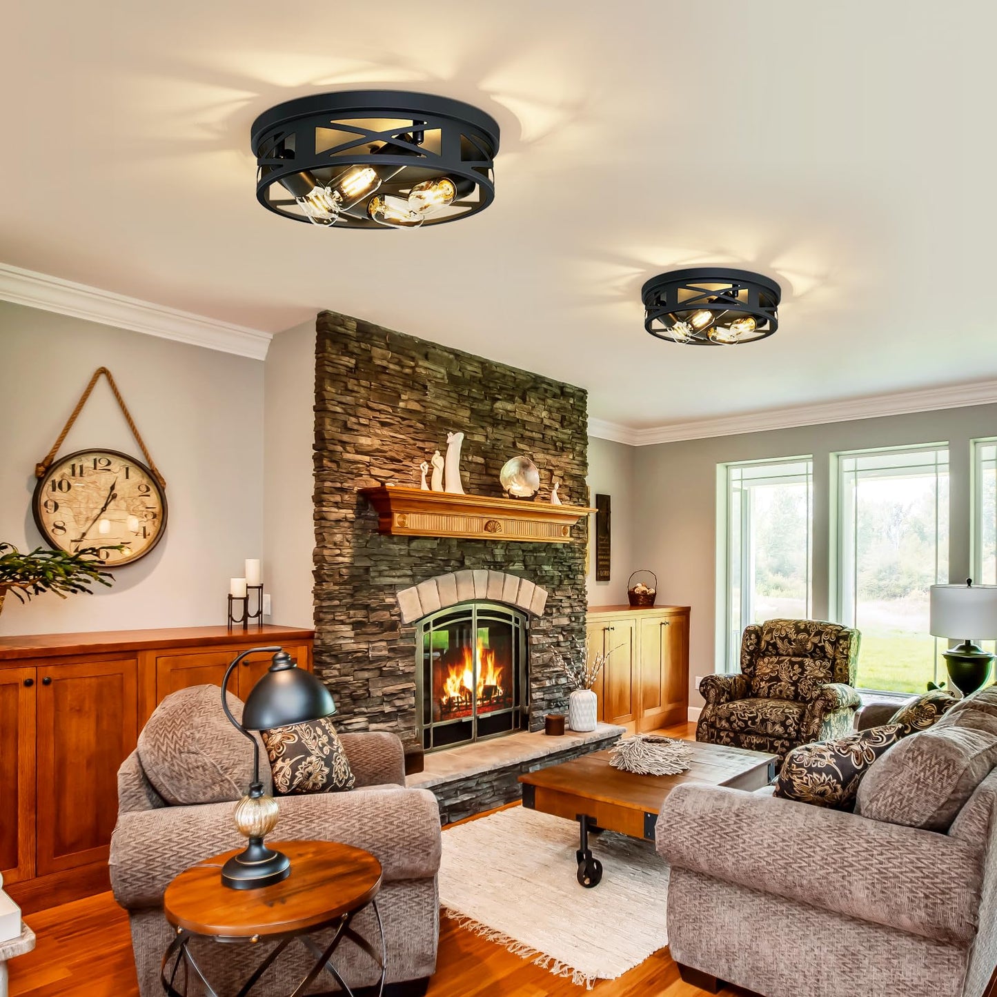 ZHU YAN Flush Mount 4-Light Ceiling Light Fixture for Hallway, Kitchen, Entryway - Black, E26 Base (2 Pack)