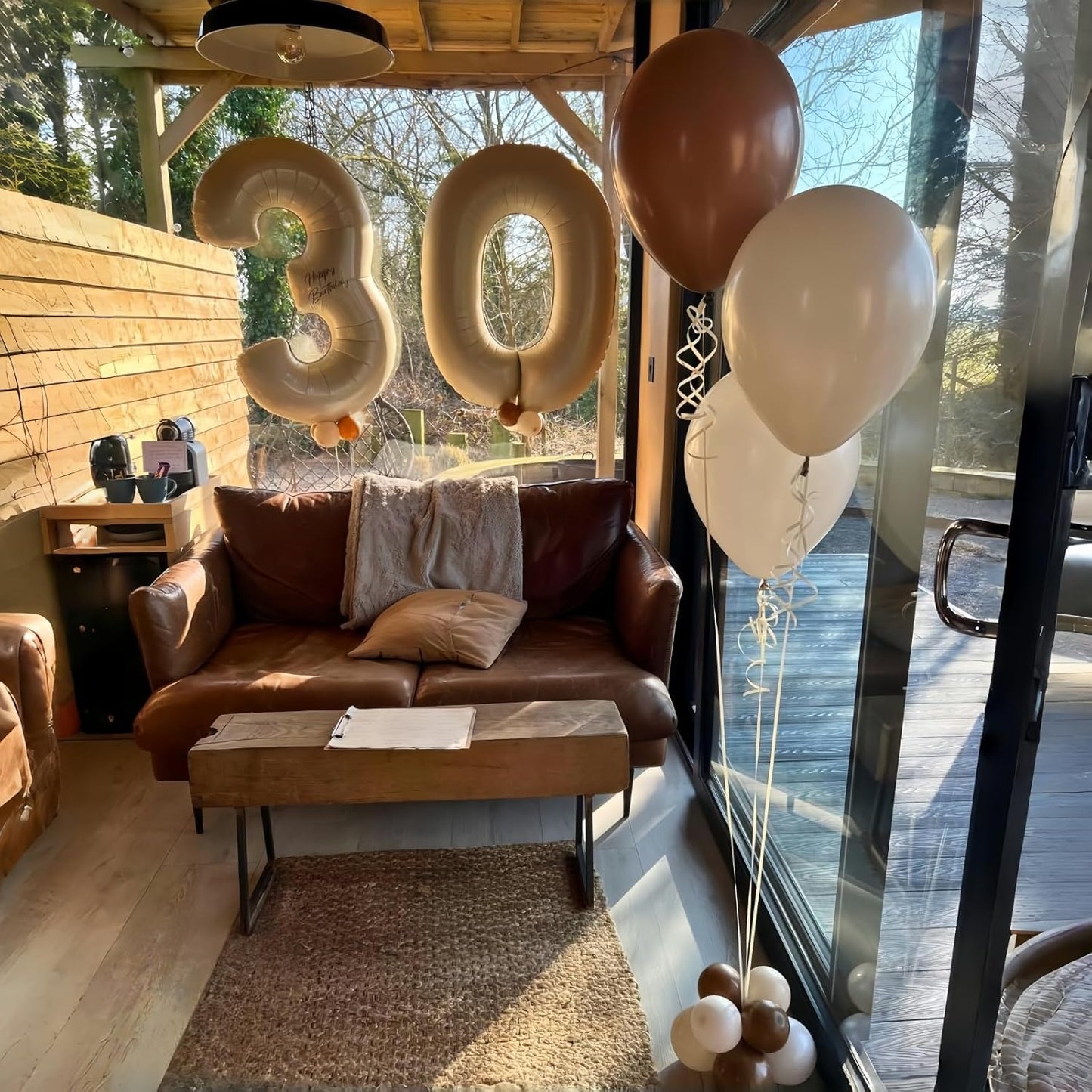 Skiennix 30 Balloons Decor - Beige Nude Apricot Brown Foil Star & Heart Balloons | 40'' White Sand Helium Number 30 for 30th Birthday & Wedding Anniversary Celebrations