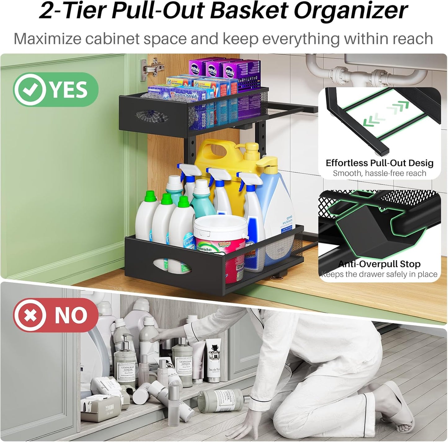 Under Sink Organizer | 2-Pack Metal Slide-Out Storage Shelf Rack - Adjustable Height, XL Black