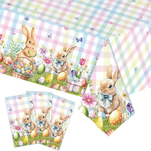3-Piece 54 x 108 Inch Easter Plaid Plastic Tablecloth – Bunny and Easter Egg Disposable Rectangle Table Covers with Pastel Checkered Design for Easter Party, Spring Celebration and Holiday Decorations