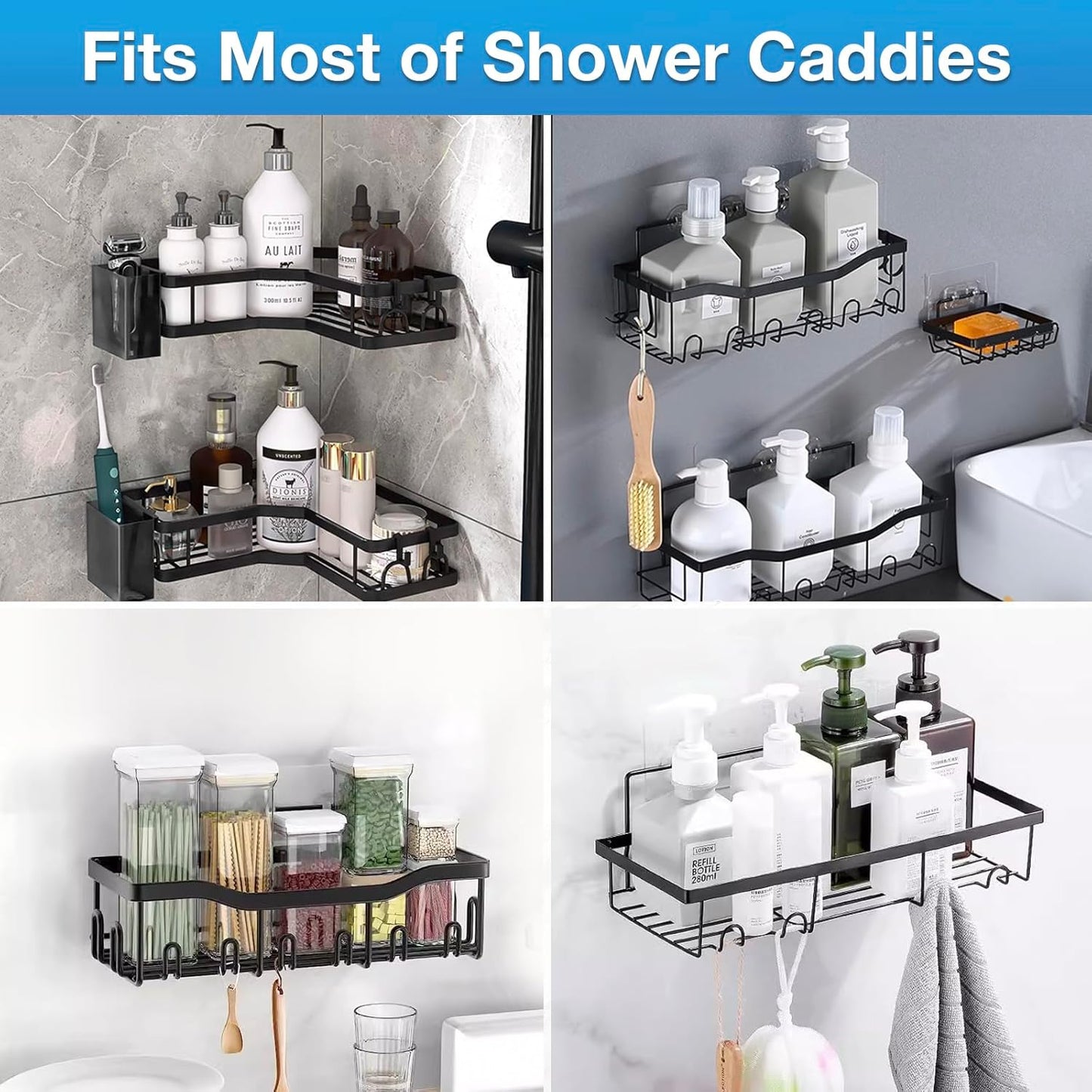 Skiennix Shower Caddy Adhesive Hooks - Strong Waterproof Adhesive for Organizers | 14 Pcs Mix Hooks