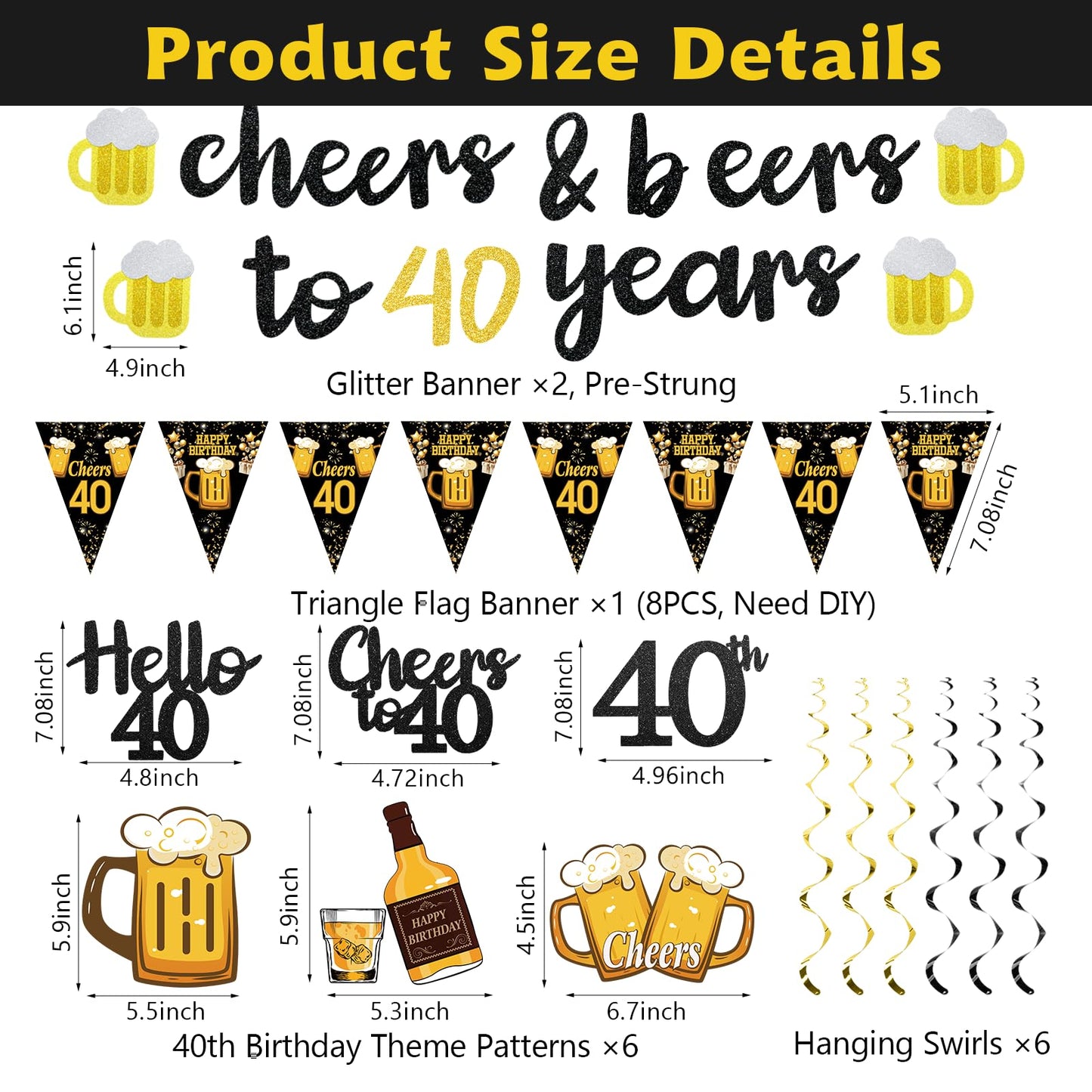 Black Gold 40th Birthday Decorations for Him Men, Glitter Pre-Strung Cheers to 40 Years Banner Hello 40 Hanging Swirls Paper Triangle Flag Banner Decorations Bday Party Supplies Kit