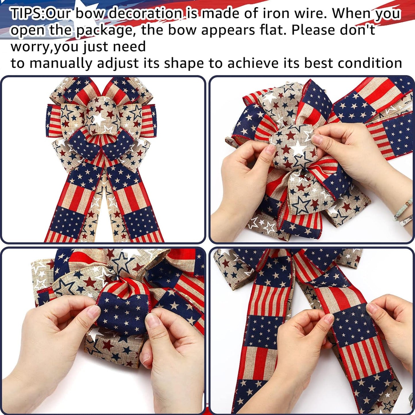 Jutom Patriotic Bow Wreath - Red, White & Blue Star Burlap Bow for 4th of July & Veterans Day | Indoor/Outdoor Decor