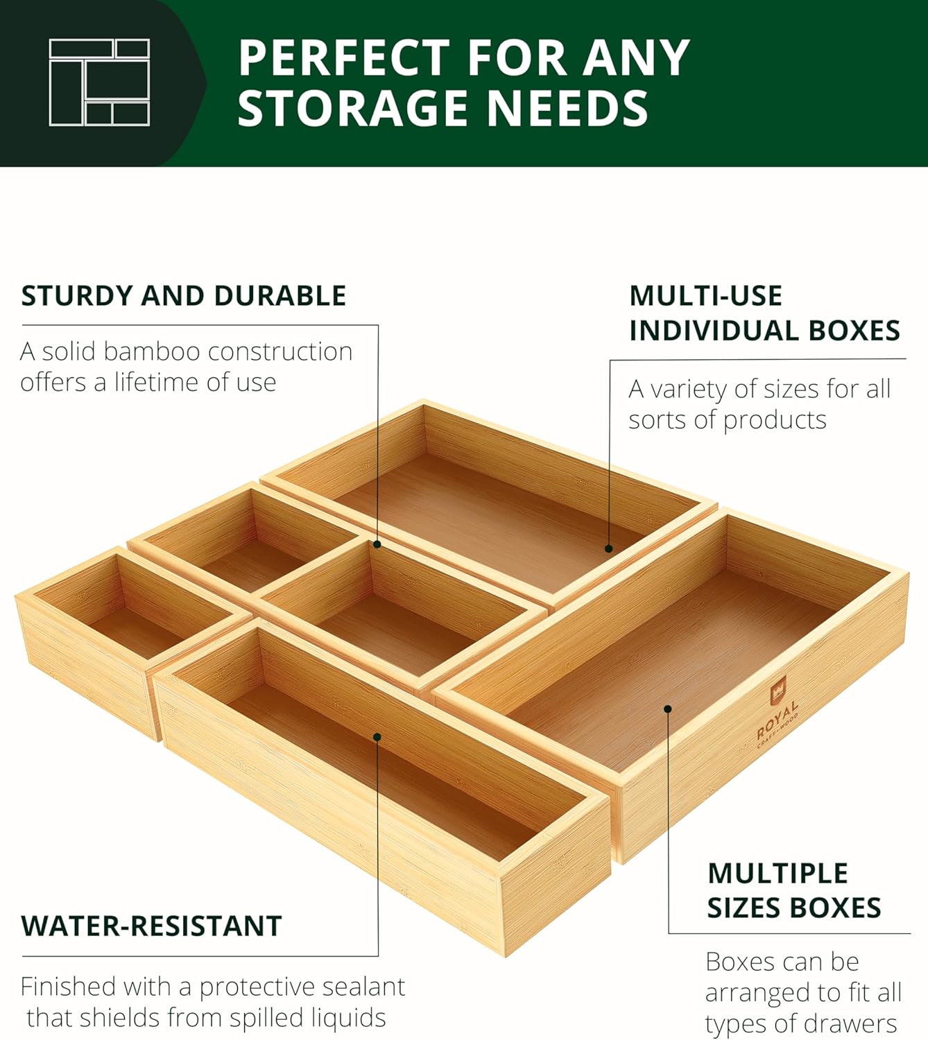 Royal Craft Wood 5-Piece Bamboo Drawer Organizer Set - Versatile Storage Trays for Kitchen, Bathroom & Office