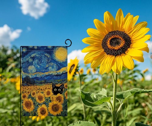 BLKWHT Cat Garden Flag - Summer Sunflower Design, Double-Sided, 12x18 Inches | Blue Sky Welcome Decor