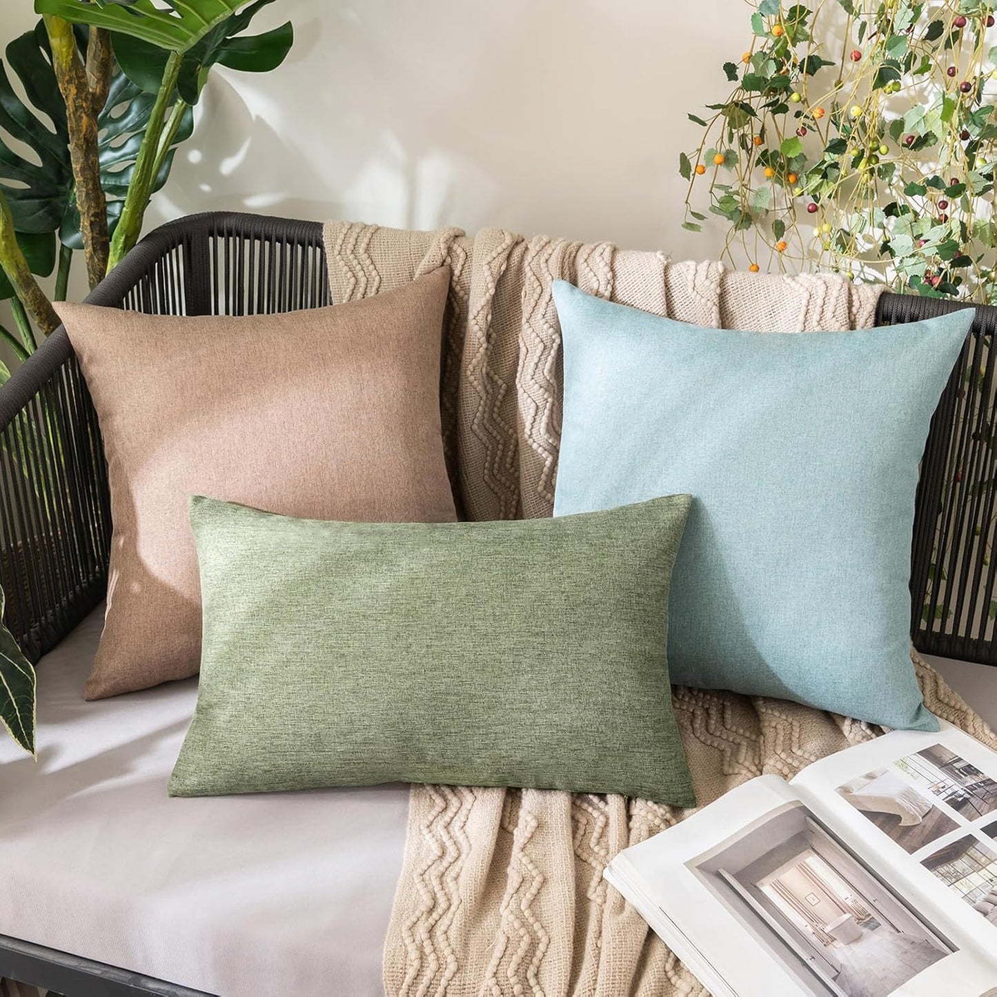MIULEE Decorative Outdoor Throw Pillow Covers - Waterproof Faux Linen Cushion Cases | 20x12 Inch Gray Green (Pack of 2)