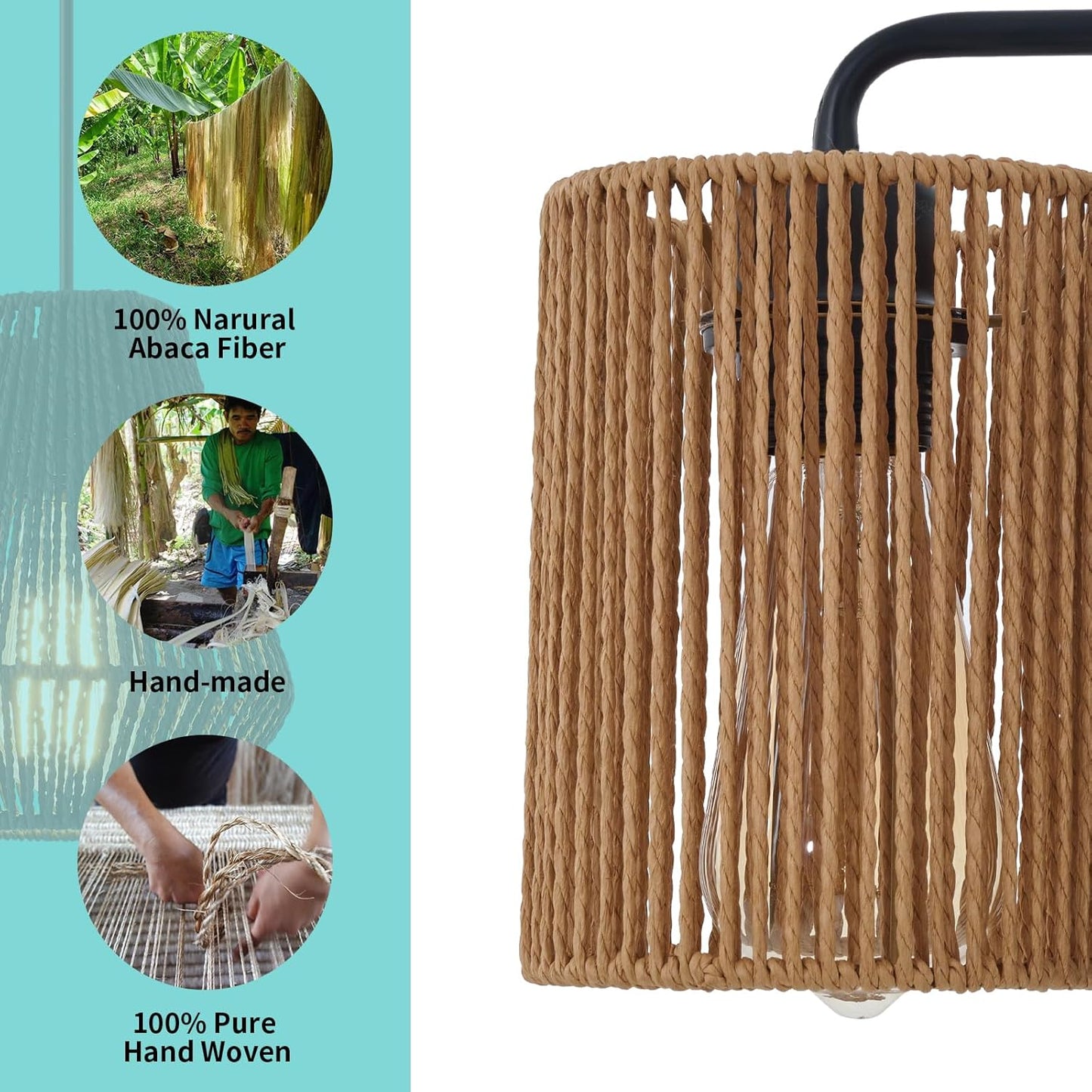Boho Rattan Wall Sconces Set of Two, Farmhouse Wall Light Fixtures Lighting with Hand Woven Hemp Rope Shade Bedside Wicker Wall Lamp, Wall Mount Light Fixture for Bedroom Living Room Bathroom Stairway