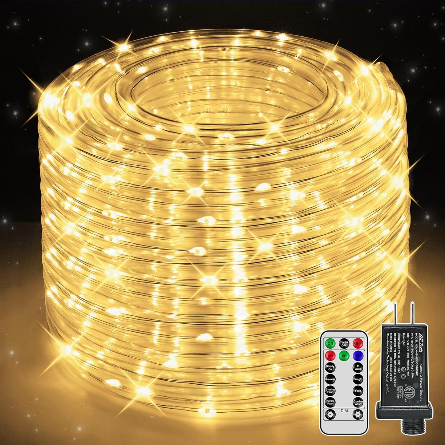 Skiennix 50ft LED Rope Lights - Waterproof 300 LED with Remote & Timer | Indoor/Outdoor Use, Warm White