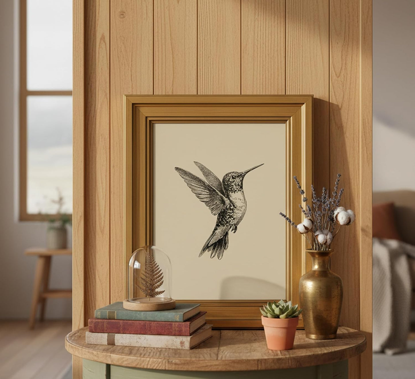 MDHFJEAW Vintage Gold Framed Hummingbird Wall Art - Retro Black and White Canvas Print, 9x11 In