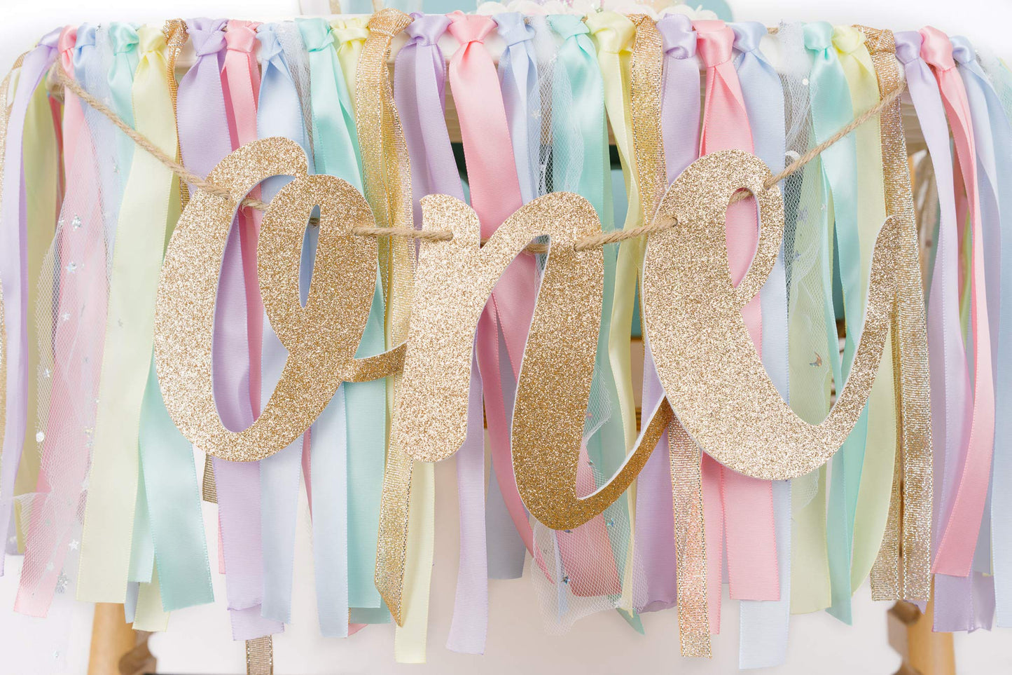 PapaKit Girls 1st Birthday High Chair Premium Decoration Set - Pastel Rainbow Ribbon Garland, Crown, One Banner & Cake Topper | Unicorn, Donut & Ice Cream Theme Cake Smash Photo Pro