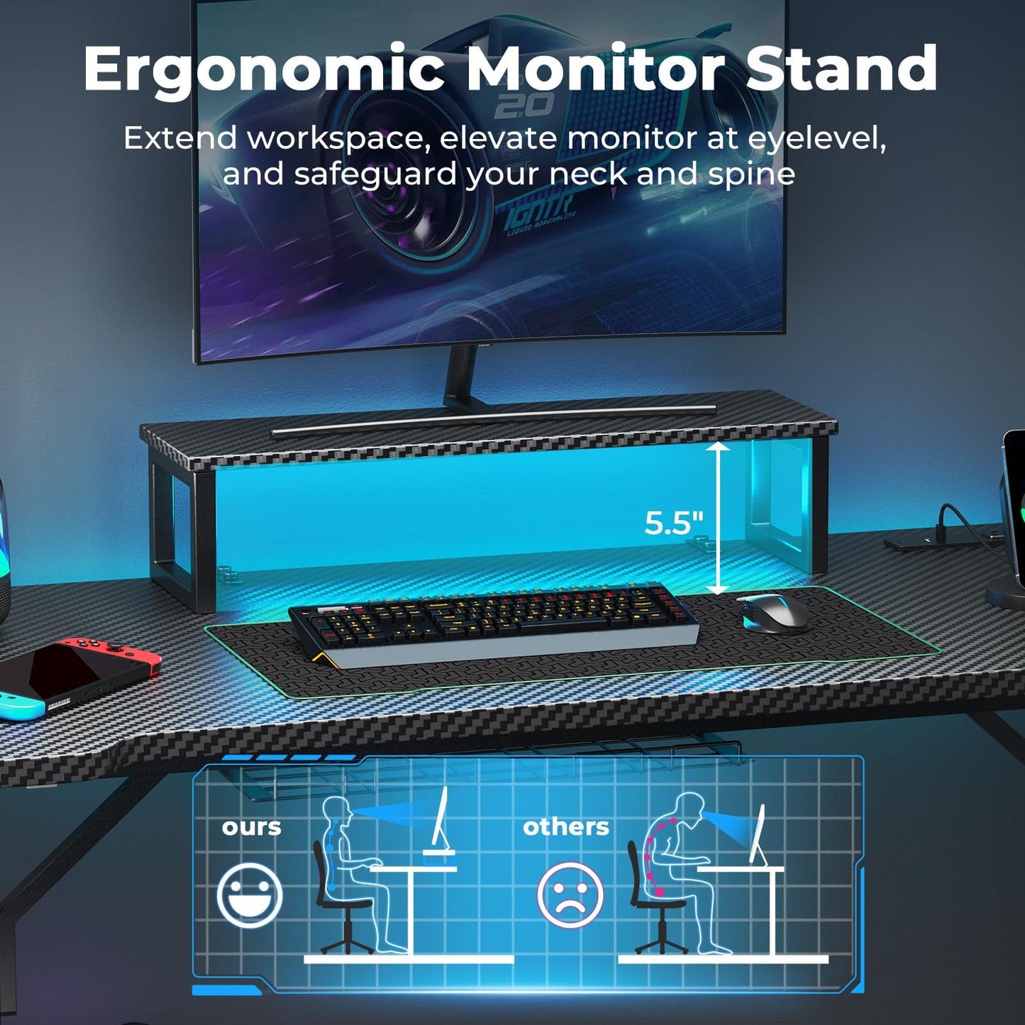DOMICON Small Gaming Desk with LED Lights & Power Outlets, 55 Inch Computer Desk with Monitor Stand, PC Gaming Table with Carbon Fiber, Black