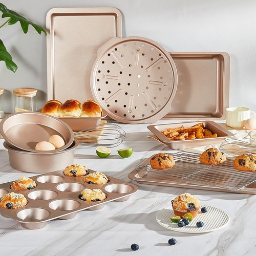 HONGBAKE 10-Piece Bakeware Set | Nonstick Baking Pans with Wider Grips - Champagne Gold