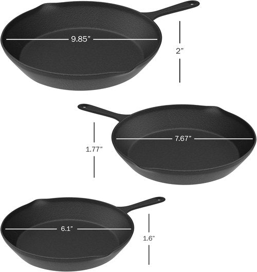 Home-Complete Cast Iron Skillet Set - Pre-Seasoned Nonstick Frying Pans | 10-Inch, 8-Inch, 6-Inch Sizes