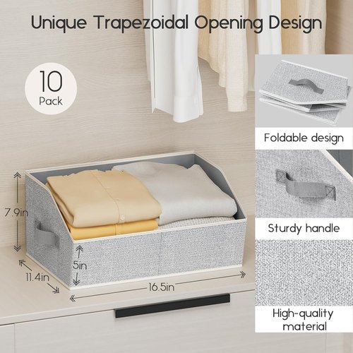 Homsorout Large Storage Bins - 10 Pack Foldable Trapezoid Fabric Baskets with Handles | Beige